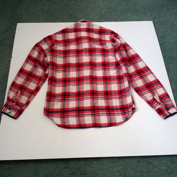 Vintage soft distressed red white blue plaid flannel long sleeve button shirt - Picture 10 of 11